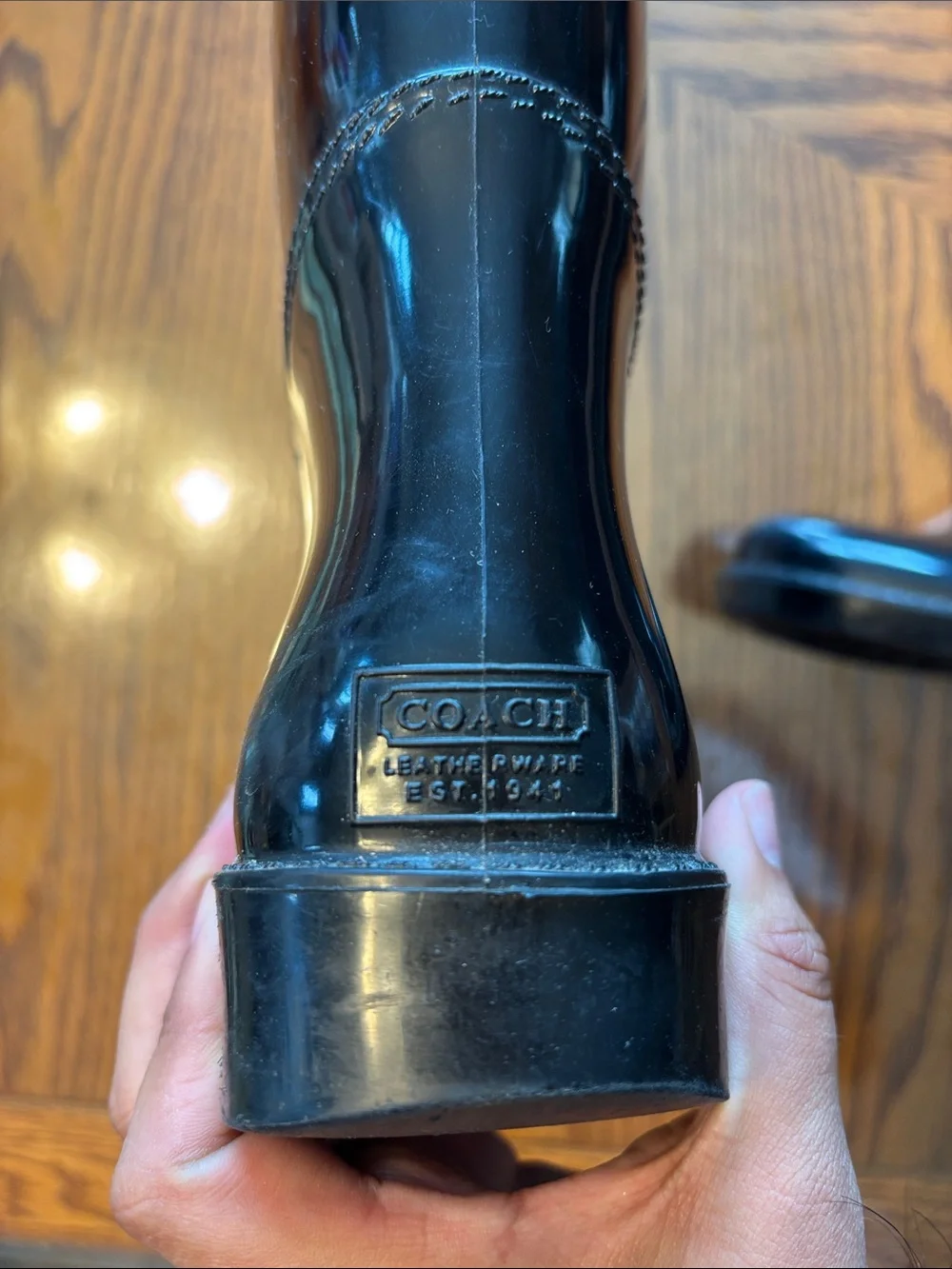 Coach Black Glossy Tall Boots with Strap Detail